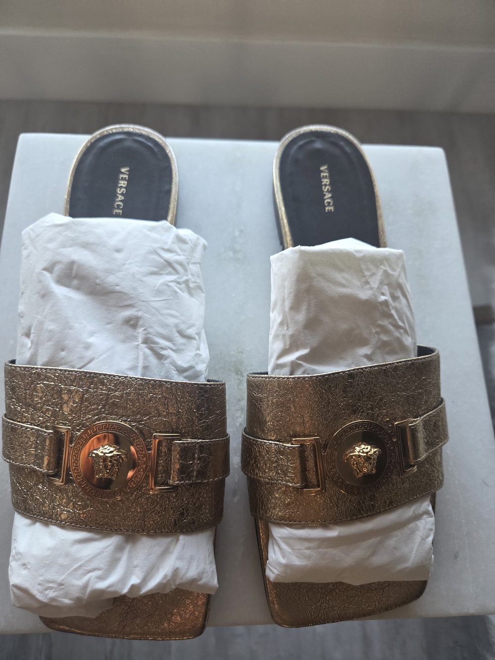 Versace Gold Metallic Medusa Slide Sandals